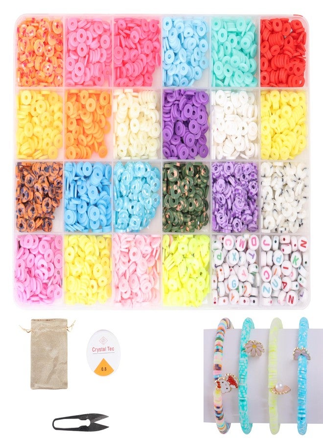 ambitieux Diy Bracelet Making Kit - 6000+ Pcs 24 Colorful Clay Beads, 10M Elastic Thread, Jute Bag, And Cutter - Gift For Girls Birthdays (Clay Beads 1),Multicolor - Image 1